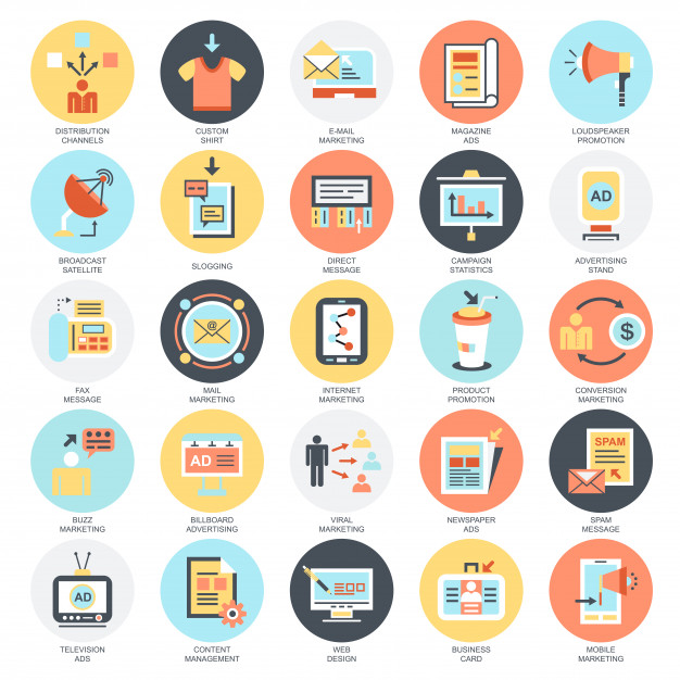 Flat Conceptual Icons Set Of Advertising Media Channels And Ads 626x626 Flat Conceptual Icons Set Of Advertising Media Channels And Ads