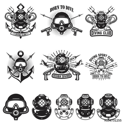 500x500 Set Of Vintage Dive Helmets Diver Emblems Diver Weapon Vector
