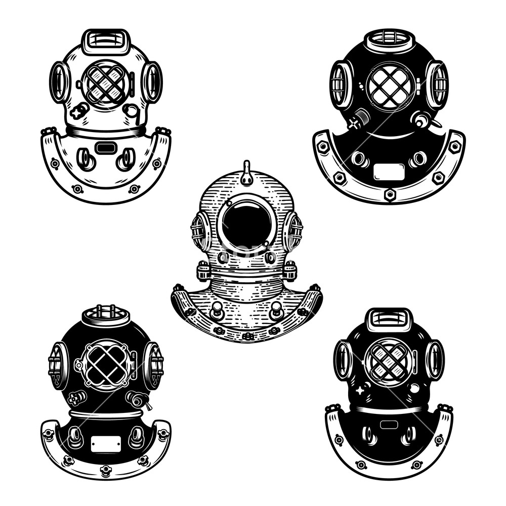 1000x1000 Set Of Vintage Diver Helmets Design Element For Logo, Label