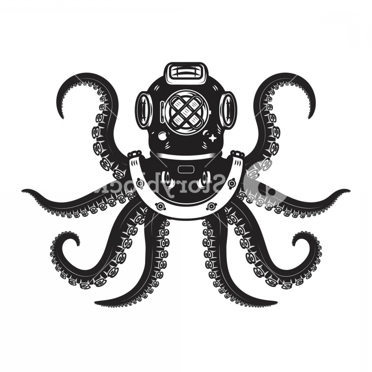 1200x1200 Vintage Diver Helmet With Octopus Tentacles Design Element
