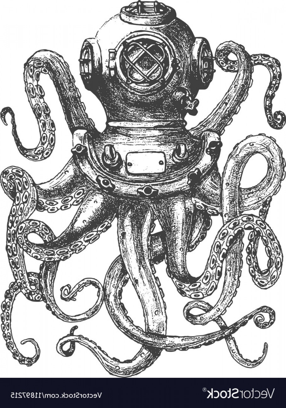 909x1296 Vintage Style Diver Helmet With Octopus Tentacles Vector Geekchicpro