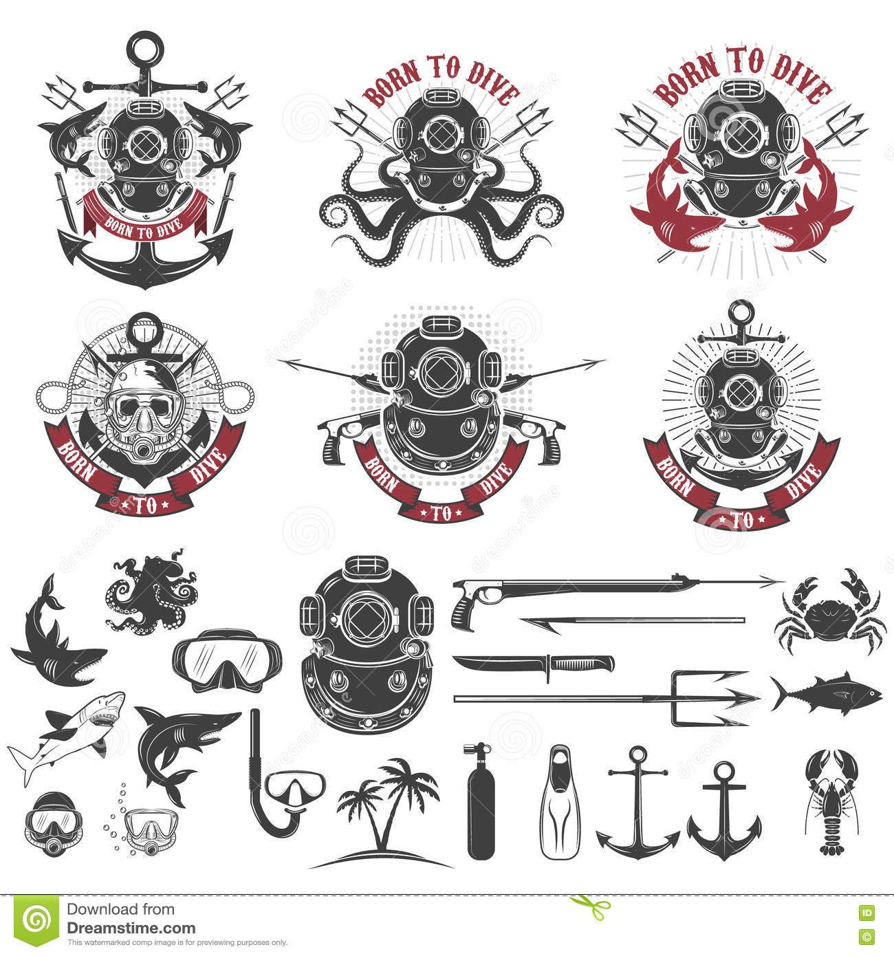 1300x1390 Born To Dive Set Of Vintage Diver Helmets, Diver Label Template