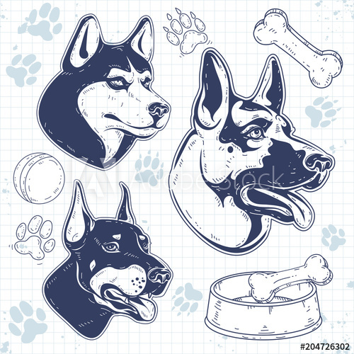 500x500 Set Guard Dog Breeds, Silhouette Dog Head, Shepherd, Husky