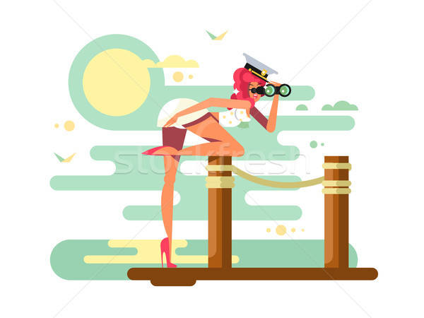 600x450 Cute Girl Looks Binoculars On Wooden Dock Vector Illustration