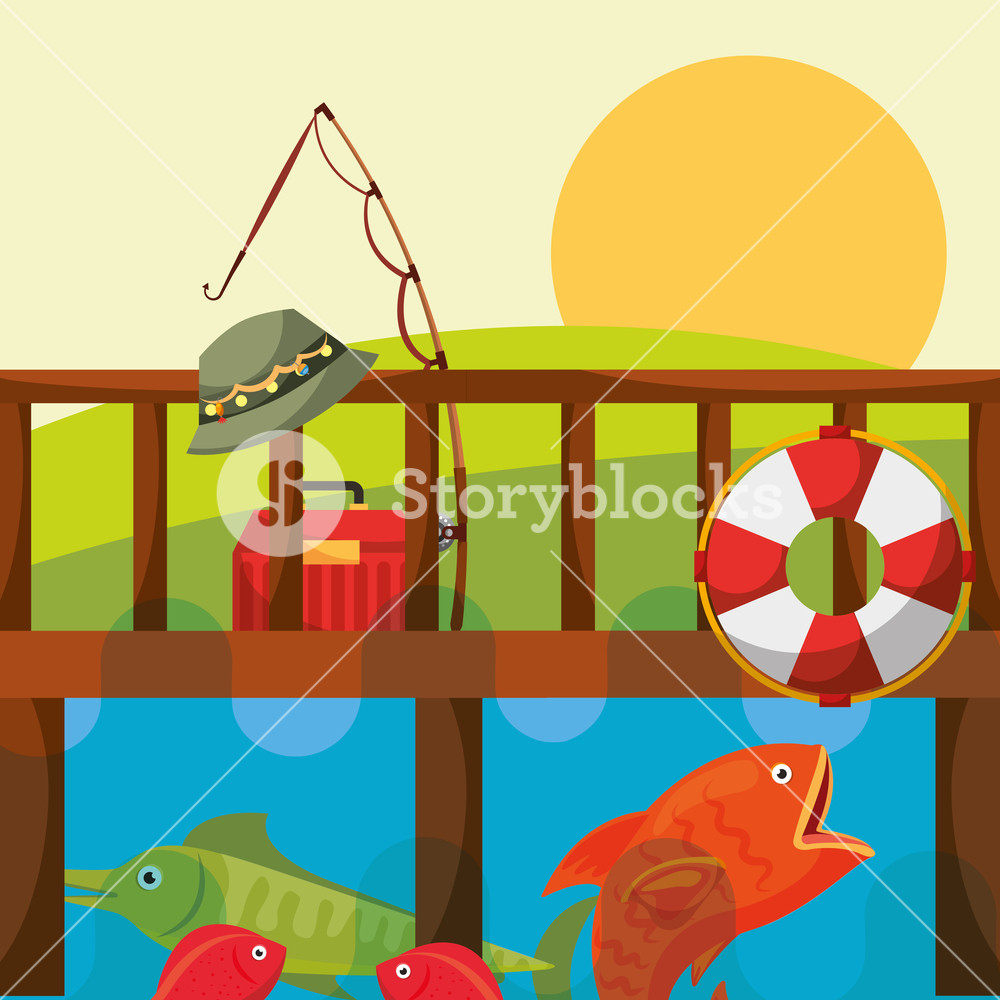 1000x1000 Fishing Fish Rod Hat Lifebuoy And Tackle Box On The Dock Vector