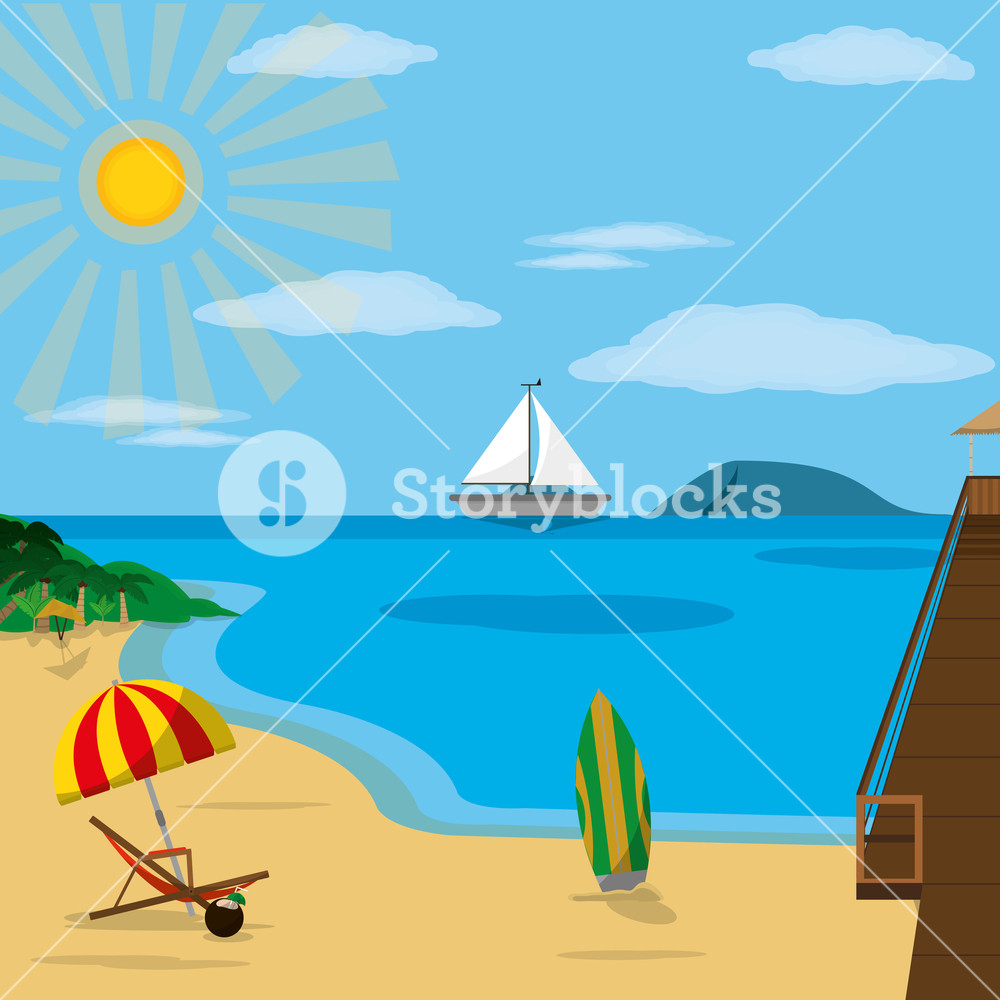 1000x1000 Beach With Dock Of Summer Vacation And Tropical Theme Vector