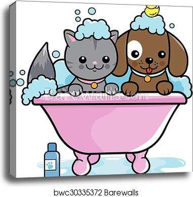 382x390 Dog And Cat In A Tub Taking A Bath Vector Illustration, Canvas