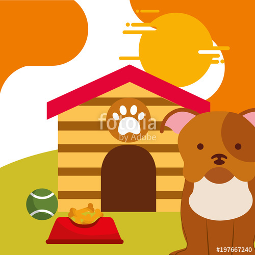 Pet Dog Sitting With Food And Toy Ball Dog House Vector 500x500 Pet Dog Sitting With Food And Toy Ball Dog House Vector