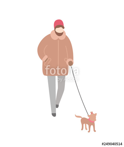 423x500 Woman Wearing Warm Winter Clothes Walking Dog On Leash Vector