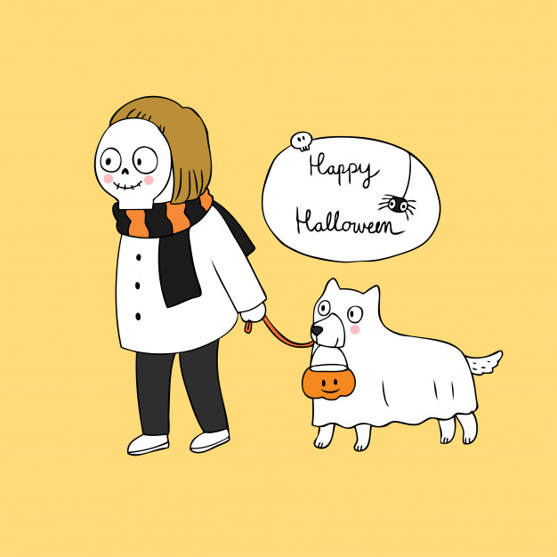 626x626 Cartoon Cute Halloween Skull And Ghost Dog Vector Vector
