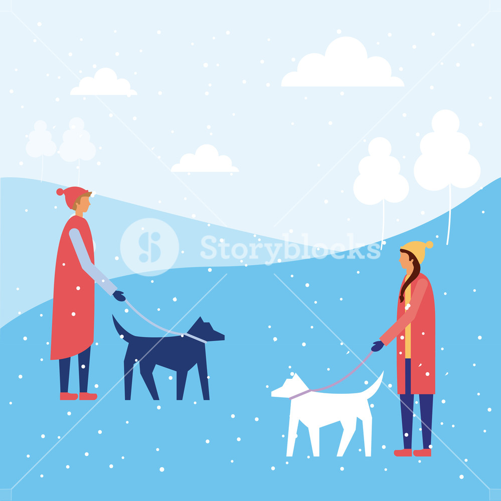 Happy Winter Vacation Girl And Boy Walks Dogs Vector Illustration 999x1000 Happy Winter Vacation Girl And Boy Walks Dogs Vector Illustration