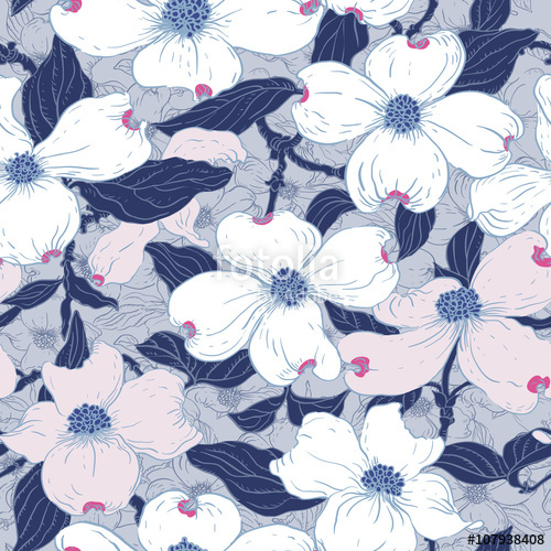 500x500 Dogwood Seamless Pattern Hand Drawn Vector Pattern With Dogwood