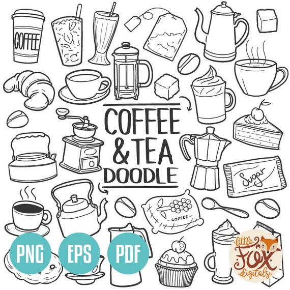 570x570 Vector Coffee Tea Drink Doodle Icons Clipart Scrapbook Etsy