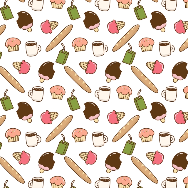 Cute Doodle Food Pattern Vector, Colorful, Illustration 640x640 Cute Doodle Food Pattern Vector, Colorful, Illustration