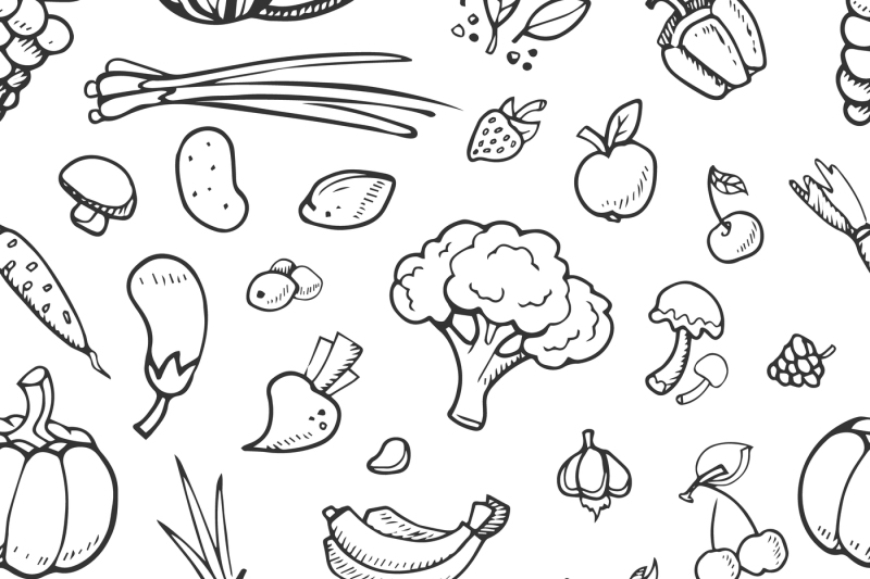 800x533 Fruit And Vegetable, Vegan Food Doodle, Sketch Vector Seamless