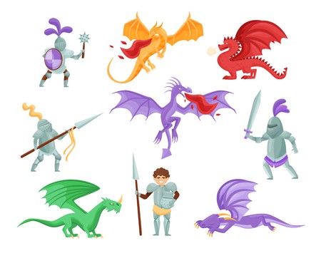 450x355 Flat Vector Set Of Dragons And Medieval Knights Warriors In Iron