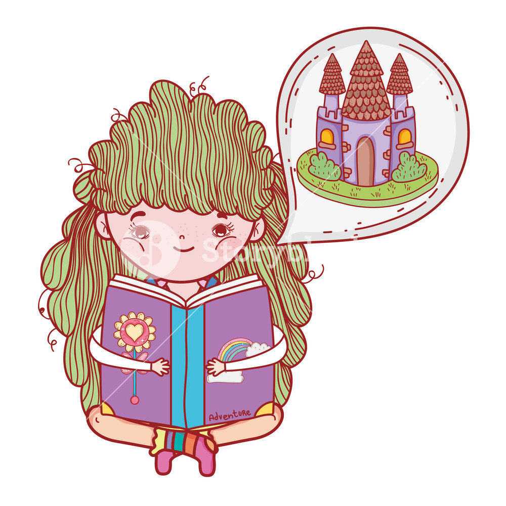 1000x1000 Girl Reading Book With Castle In Dream Bubble Vector Illustration