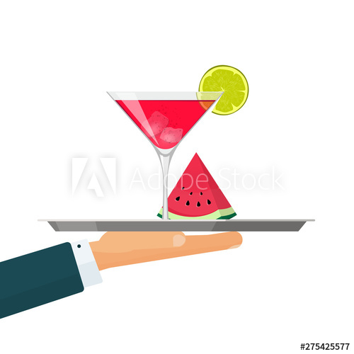 500x500 Waiter With Tray, Cocktail Drink Glass Vector Illustration