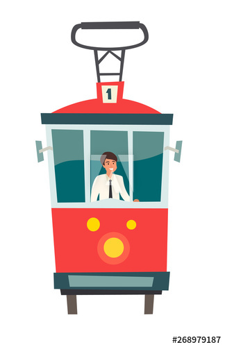 324x500 Red Tram, Public Transport With Driver, Vector Illustration