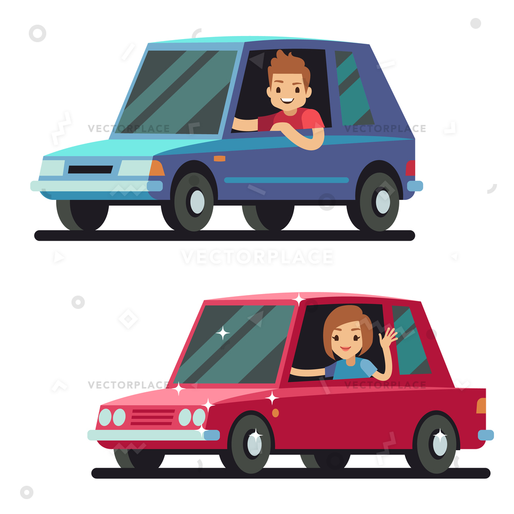 1000x1000 Young Happy Man Woman Driver Driving Vector Illustration