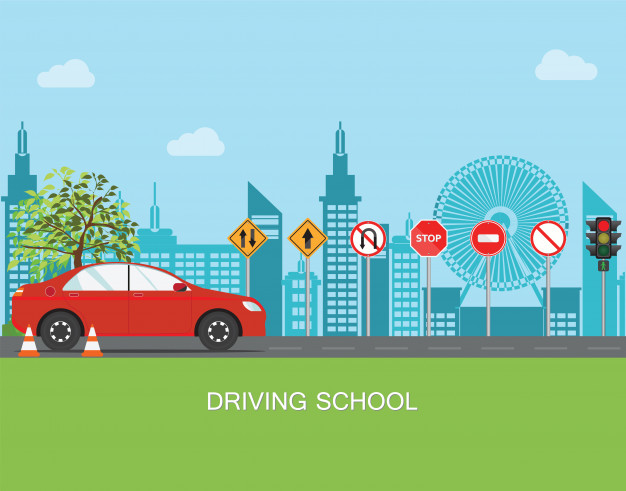 626x491 Driving School With Car And Traffic Sign Vector Premium Download