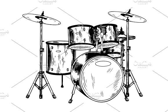 Drum Set Engraving Vector Illustration Handmade Design Drums 580x387 Drum Set Engraving Vector Illustration Handmade Design Drums