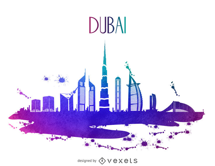 736x570 Dubai Watercolor Skyline Silhouette