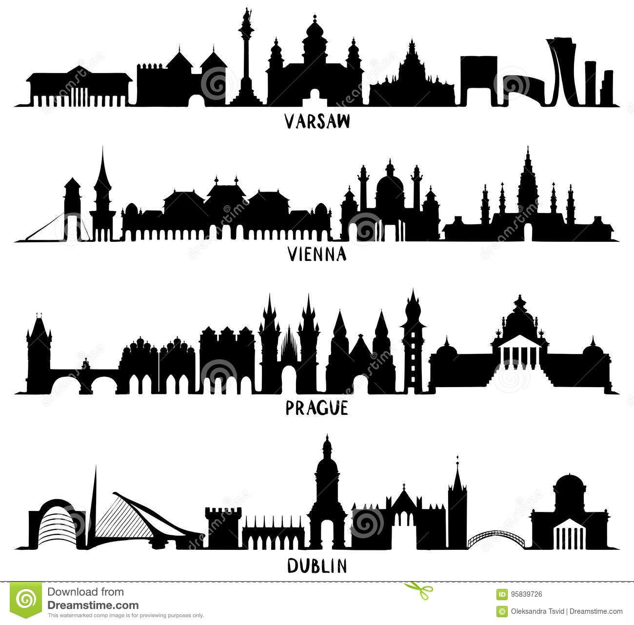 1300x1282 Silhouettes Of Warsaw, Vienna, Prague And Dublin Stock Vector