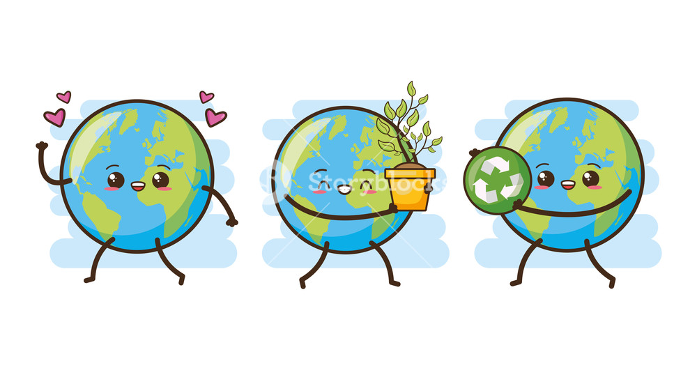 1000x528 Kawaii Cute Planet Plant Recycle Earth Day Vector Illustration