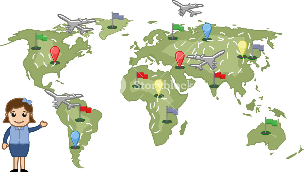 1000x568 Cartoon Girl Showing Different Places On World Map Vector Royalty