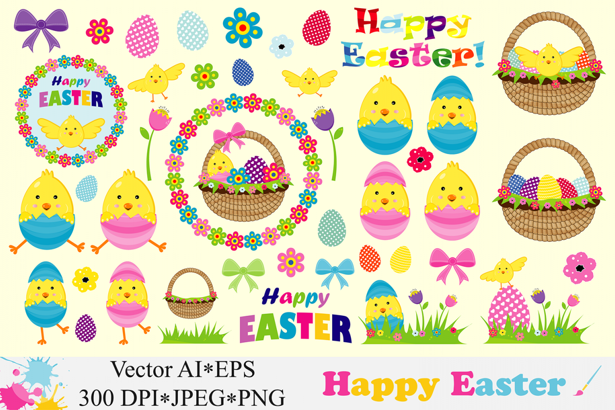 Happy Easter Clipart Cute Easter Chick, Basket, Eggs Vector 1200x800 Happy Easter Clipart Cute Easter Chick, Basket, Eggs Vector