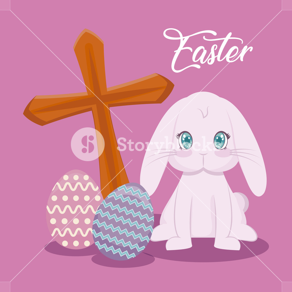 Happy Easter Day Card With Cute Rabbit And Cross Vector 1000x1000 Happy Easter Day Card With Cute Rabbit And Cross Vector