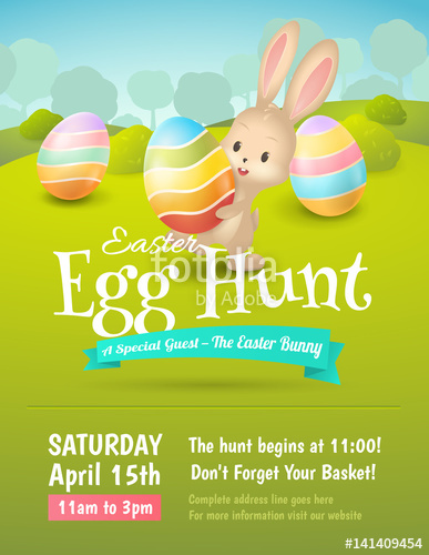 387x500 Vector Poster For Easter Egg Hunt With Colored Eggs And Cute Bunny