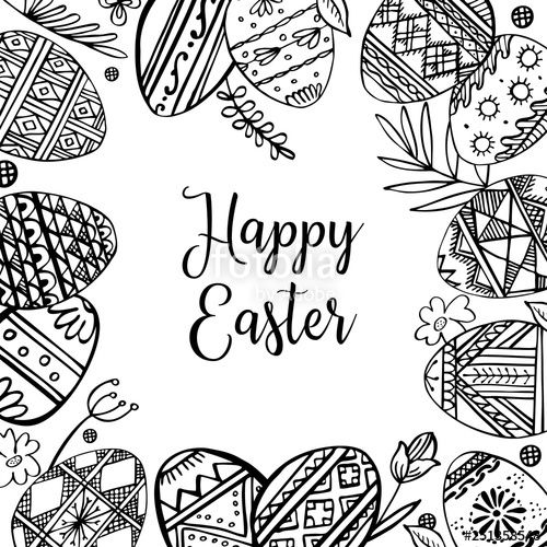 500x500 Easter Eggs Frame With Plants And Greeting Hand Drawn Outline Ink