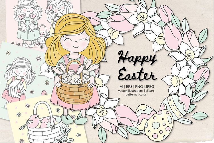 750x500 Happy Easter Seamless Pattern Vector Illustration Set