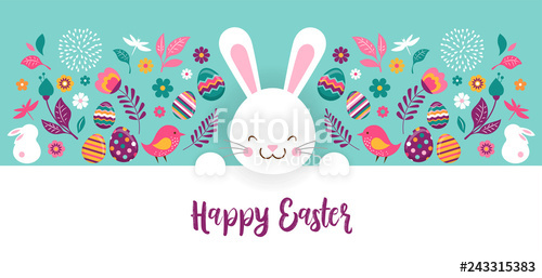 Happy Easter, Vector Banner With Flowers, Eggs And Bunnies Stock 500x257 Happy Easter, Vector Banner With Flowers, Eggs And Bunnies Stock