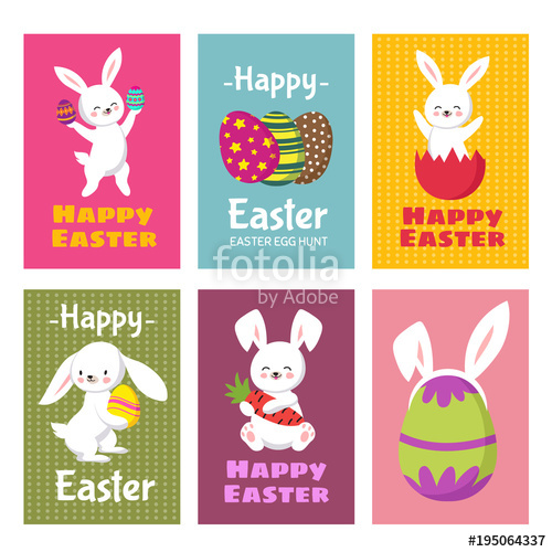 500x500 Happy Easter Vector Greeting Cards With Cartoon Bunny Rabbit