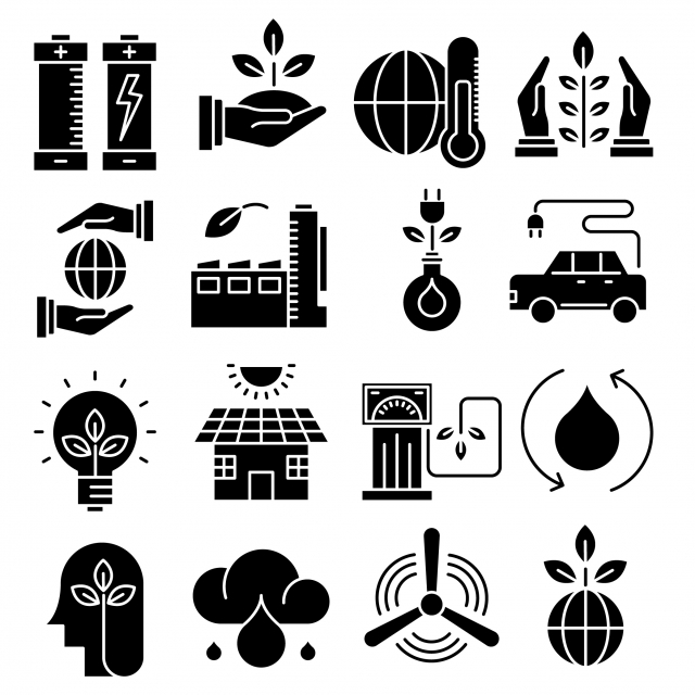 640x640 Ecology Vector Solid Icons Set, Battery, Clean Energy, Eco