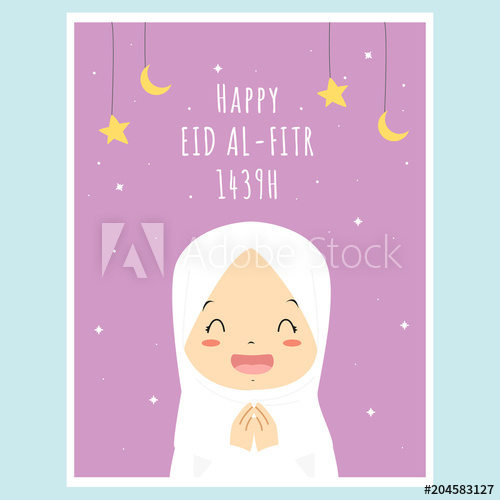 500x500 Happy Eid Mubarak Greeting Card, Happy Little Muslim Girl Cartoon