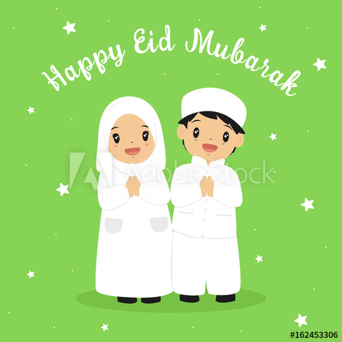 500x500 Happy Eid Mubarak Greeting Card Vector Happy Muslim Boy And Girl