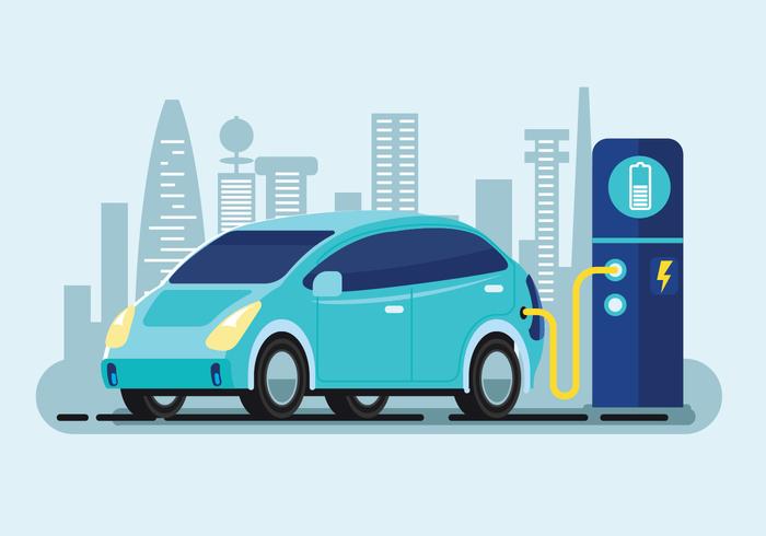 700x490 Flat Vector Illustration Of A Blue Electric Car Charging