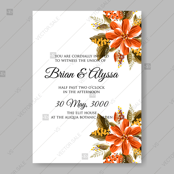 600x600 Elegant Anemone Wedding Invitation Vector Card Orange Flower