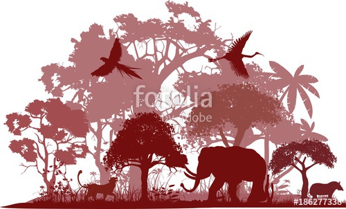 500x302 Vector Silhouettes Of Wildlife Scene, Forest, Trees, Animals