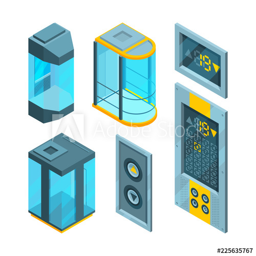 500x500 Isometric Pictures Set Of Glass Elevators With Steel Buttons