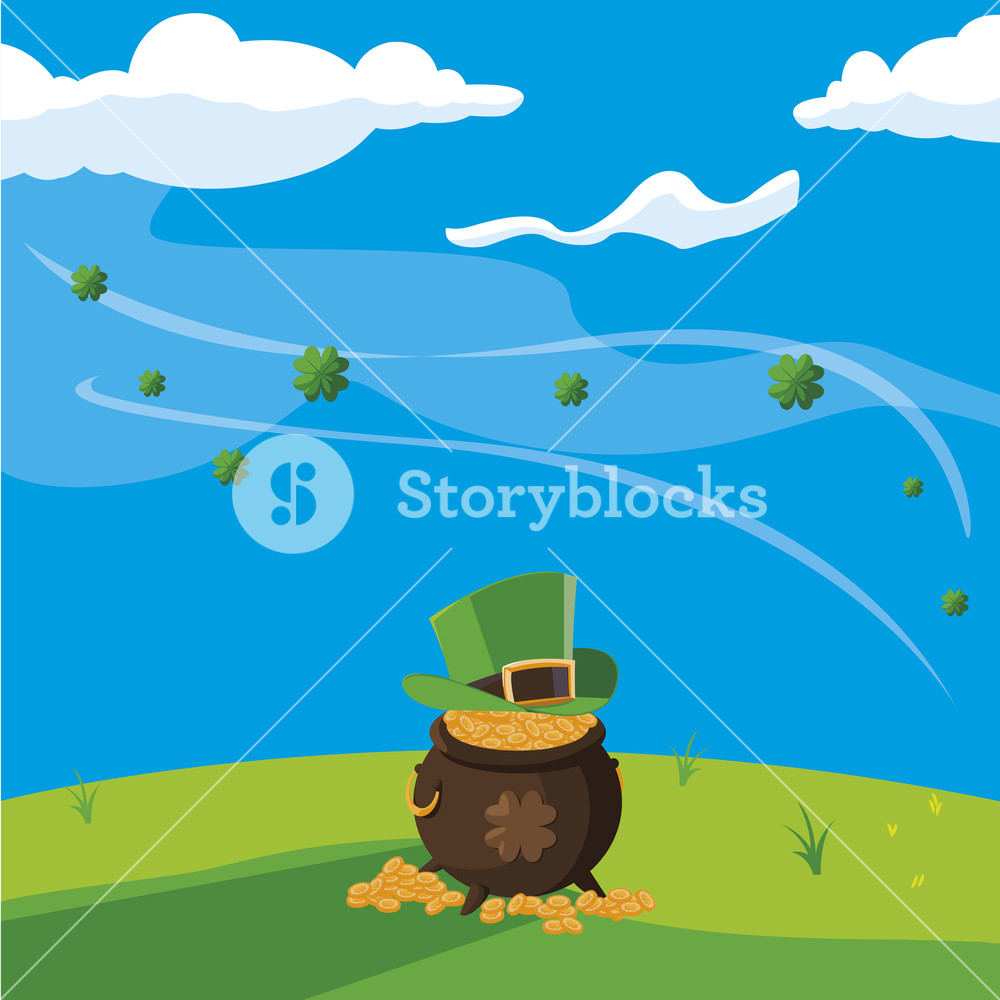 1000x1000 Saint Patrick Cauldron With Treasure Coins And Elf Hat Vector