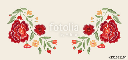 500x237 Embroidered Red Flowers Vector Floral Print Stock Image