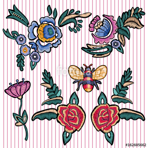 500x500 Embroidery Floral Patches With Roses And Bee Vector Embroidered