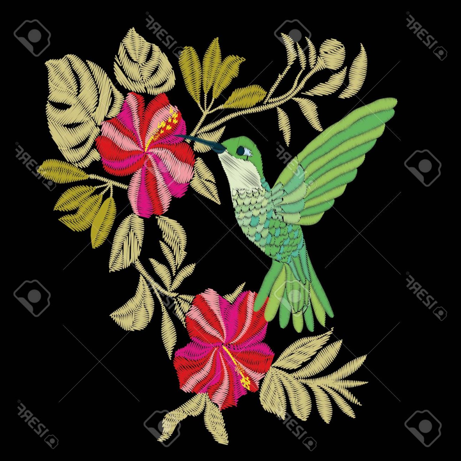1560x1560 Photostock Vector Embroidery With Hummingbird And Orchid Flowers