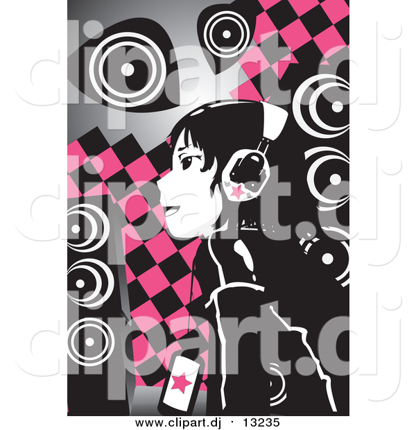 600x620 Vector Clipart Of A Emo Girl Wearing Headphones Over Pink