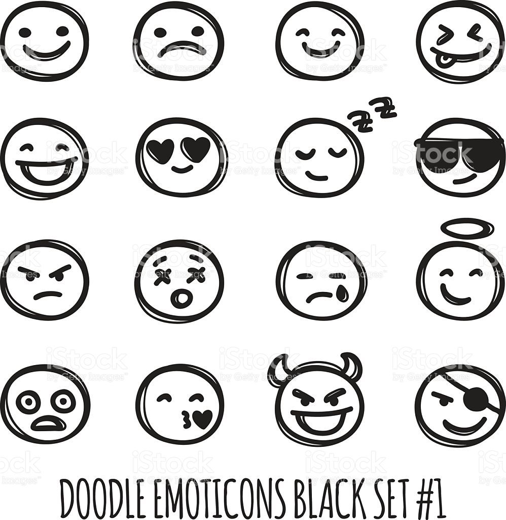 998x1024 Vector Cute Doodle Style Emoticons Set Black And White Emoji